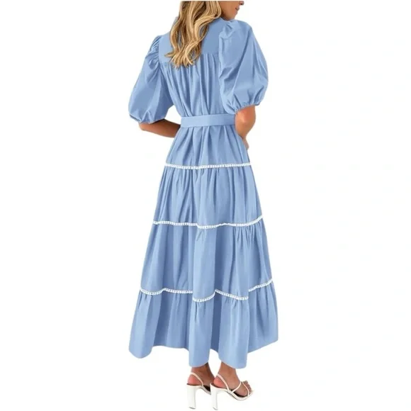 Pretty Garden Button Down Shirt Dress Short Puffy Sleeve Tiered Light Blue - Picture 2 of 8